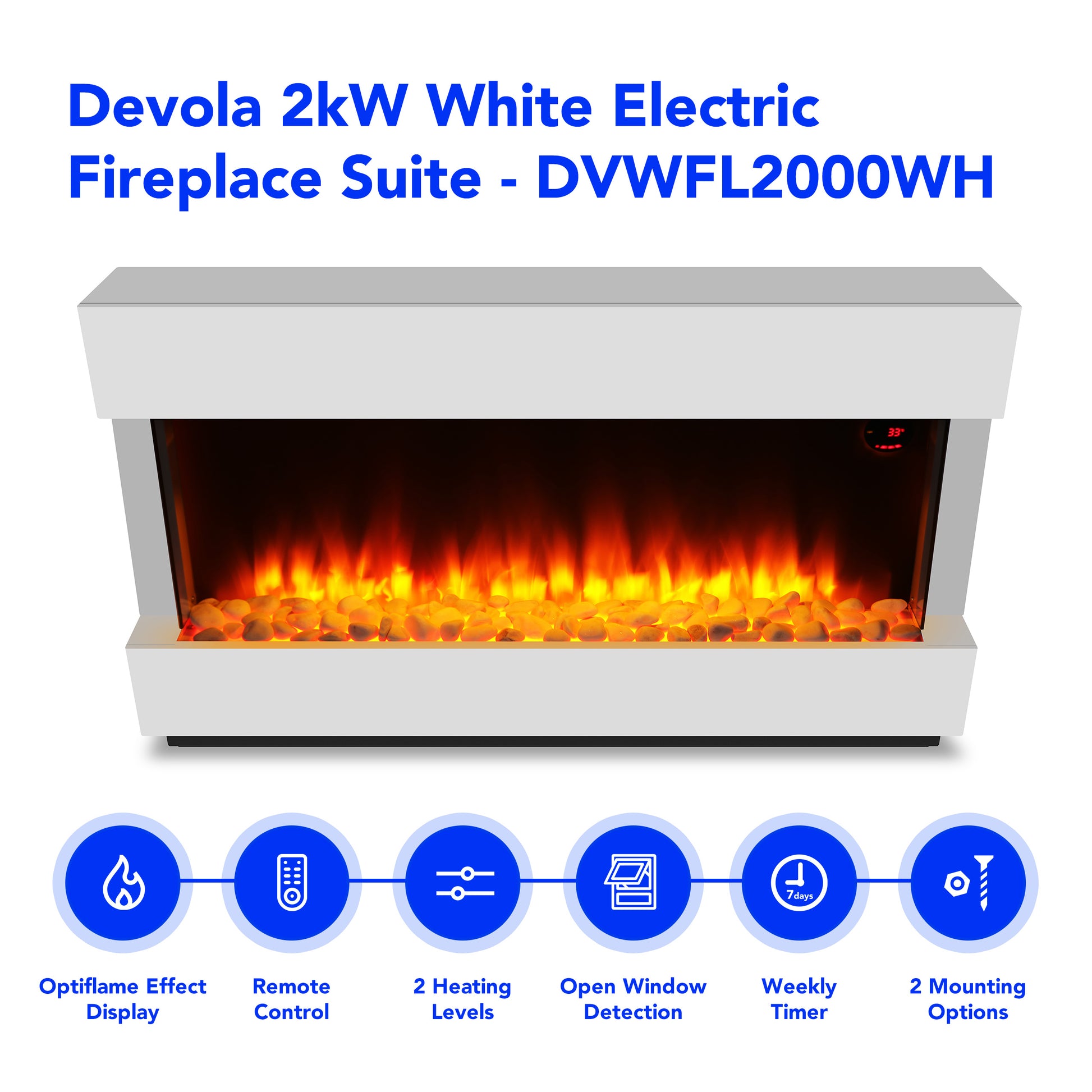 Devola 2kW Electric Fireplace Suite White 580x928mm - DVWFL2000WH
