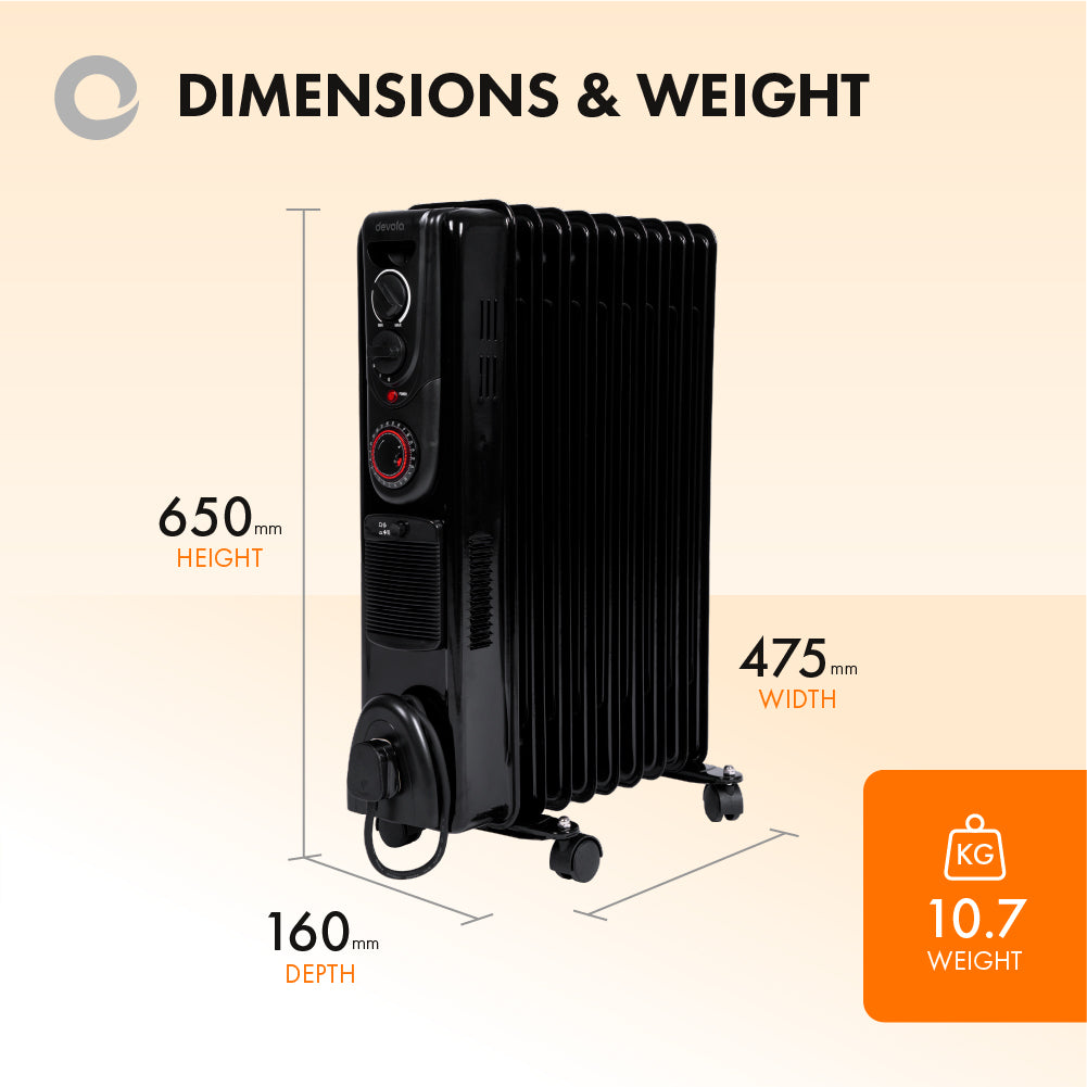 Devola 2500W Oil Filled Radiator (Black) - DVSOR9F25B – Devola.co.uk