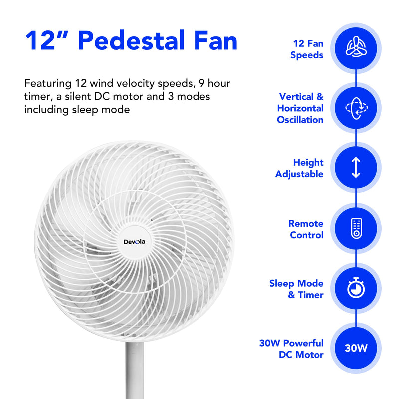Devola Low Noise 30W 12 Speed 12-inch DC Pedestal Fan - White - DV12DCPFAN, Image 6 of 9
