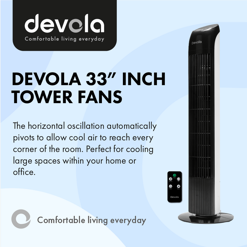 Devola 45W 3 Speed 33-inch Tower Fan With Remote - Black/White - DV33TFBW, Image 2 of 8
