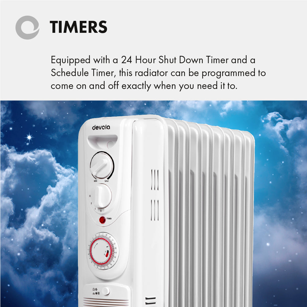 Devola 2500W Oil Filled Radiator (9 Fin) White - DVSOR9F25W – Devola.co.uk