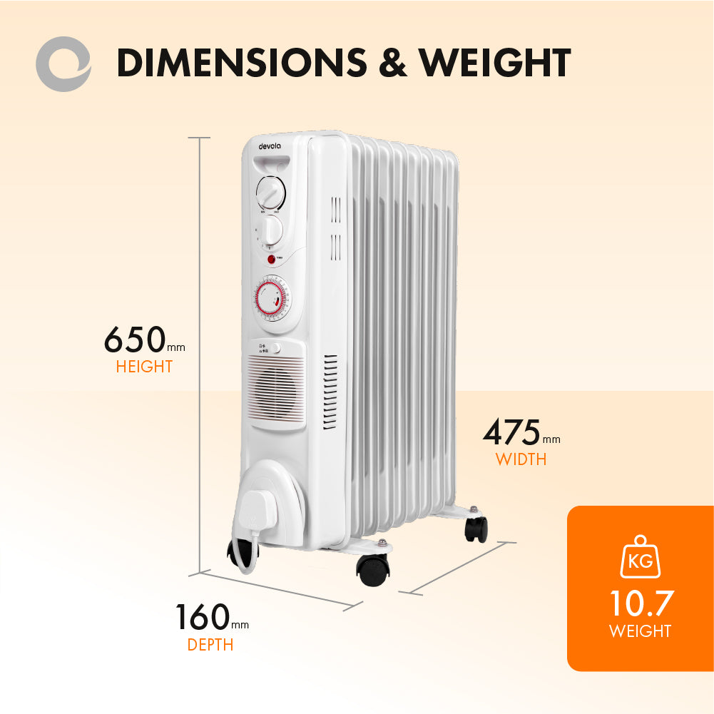 Devola 2500W Oil Filled Radiator (White) - DVSOR9F25W
