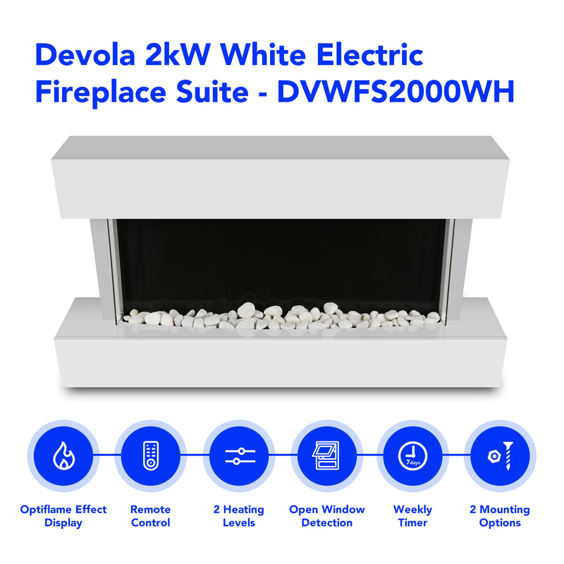 Devola 2kW Electric Fireplace Suite White 558x1170mm - DVWFS2000WH