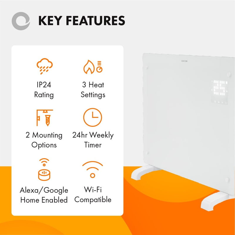 Devola Designer 1.5kW Smart Glass Panel Heater with Timer White - DVPW1500WH, Image 5 of 12